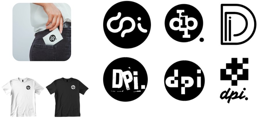 Six pistes de logo DPI. et leurs applications sur carte et t-shirts