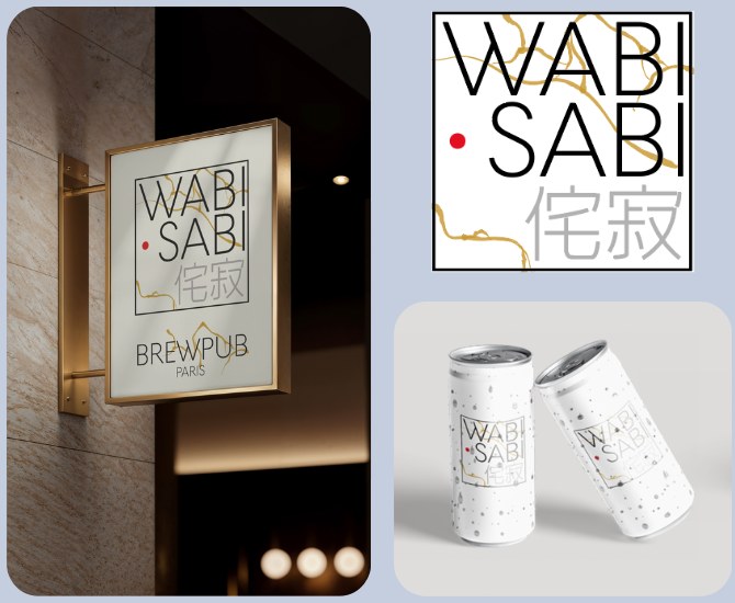 Logo WABI SABI sur enseigne et canettes